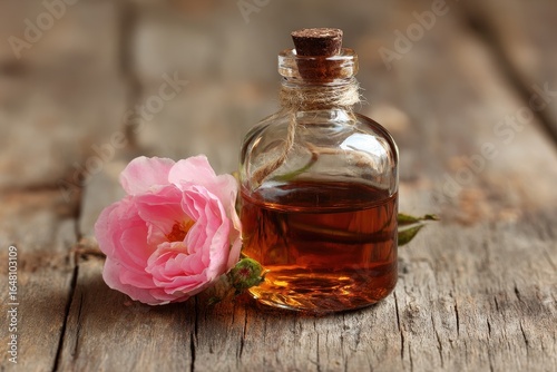 Container of scented oil and pink rose on a wooden surface