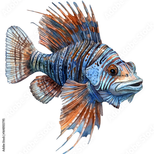 Lionfish, watercolor clipart vector, isolated on a white background.