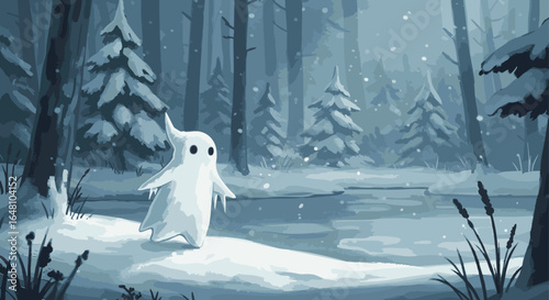An enchanting, translucent spirit wanders alone through a serene, snow-covered winter forest beside a frozen pond, evoking a sense of quiet magic and chilly wonder.
