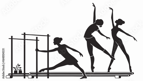 Silhouette of three dancers performing ballet poses with a barre and plants in the background created with generated ai