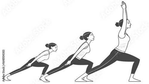 Woman performing yoga poses in sequence with arms raised and legs in lunge position in black and white created with generated ai