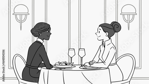 Two women dining at a restaurant with wine glasses and a plate of food on the table in black and white created with generated ai