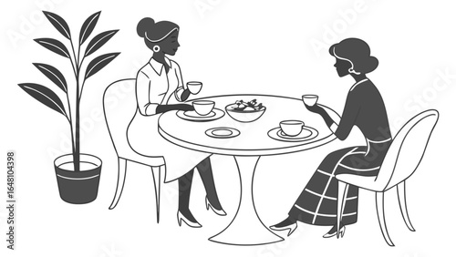 Two women at a table with cups and a salad bowl in a restaurant setting with a potted plant nearby created with generated ai