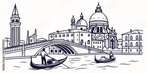Venetian cityscape featuring gondolas, bridge, and basilica in black and white outline drawing style created with generated ai