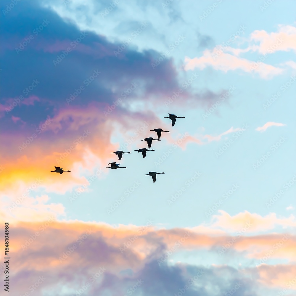Fototapeta premium Flock of birds flying in formation against a colorful sunset sky