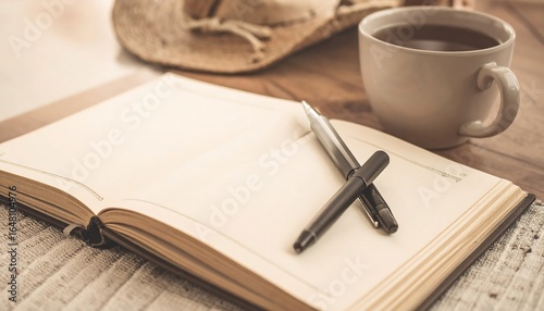Classic travel journal with pen beside cup of tea, warm tones