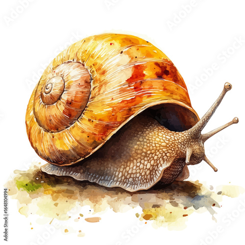 Large Land Snail, watercolor painting vector, isolated on a white background.