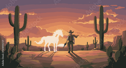 A cowboy in the desert at sunset, with his spectral horse and a classic western aesthetic.