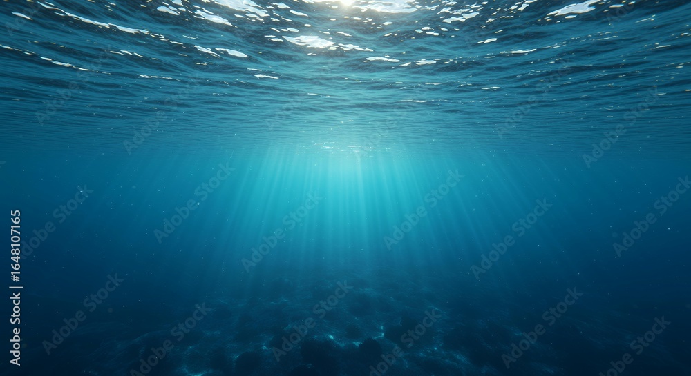 Obraz premium Stunning underwater perspective with brilliant sunlight rays illuminating deep blue ocean water, serene marine environment
