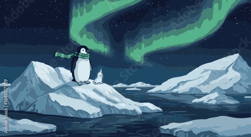 Cartoon penguin in a winter wonderland, enjoying the aurora borealis over icy waters