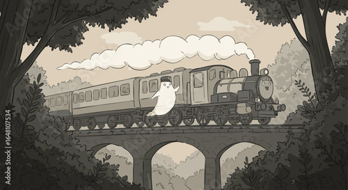 Ghostly Journey A Whimsical Illustration of a Ghost Traveling by Train Through a Forest
