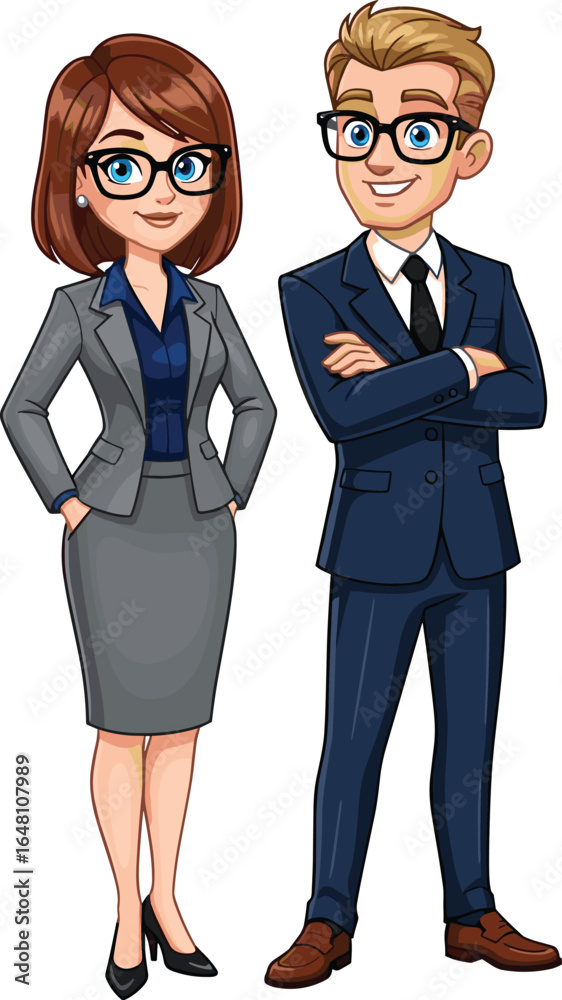 Professional business people with eyeglasses, a man in a suit and a woman in a skirt suit, representing teamwork and corporate success in a modern office setting Professional business people with eyeglasses, a man in a suit and a woman in a skirt suit, representing teamwork and corporate success in a modern office setting