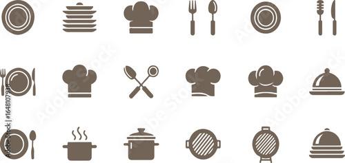 Collection of brown kitchen and cooking icons food