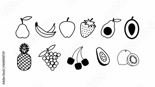"Minimalist glyph icon set of various fruits, including banana, strawberry, pineapple, watermelon, grapes, mango, blueberries, peach, cherry, lemon, avocado, pear, and kiwi, solid black silhouette sty