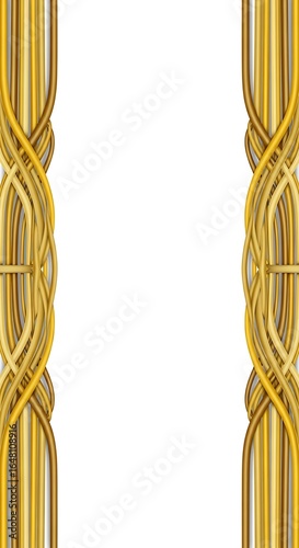 Intricate golden ornate frame with symmetrical patterns and a white background for copy space