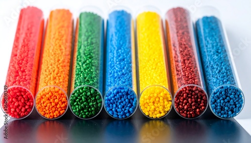 Colorful plastic pellets in test tubes