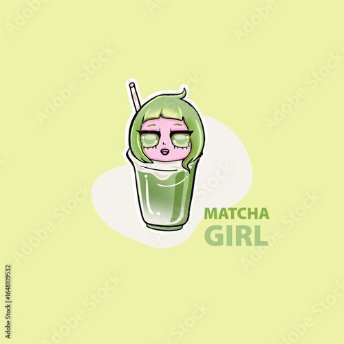 kawaii matcha latte girl illustration vector, cute cartoon matcha girl
