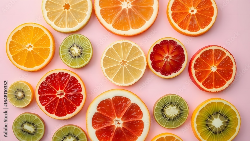 Fototapeta premium Flat lay image of various citrus fruit slices and kiwi arranged on a pink background; a vibrant and colorful food photography composition.