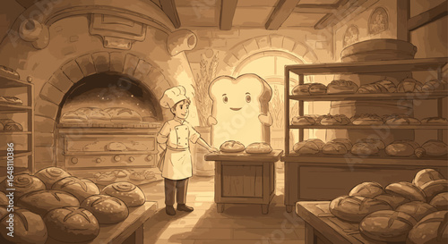 Charming Cartoon Bakery Scene with a Cheerful Baker and Freshly Baked Bread