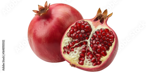 Whole and halved ripe pomegranate fruit isolated on transparent background