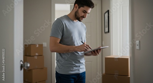 Man Checking Inventory in New Home: A focused man with a beard stands amidst cardboard boxes in a residential interior, checking an inventory list on his tablet during a move into a new house.