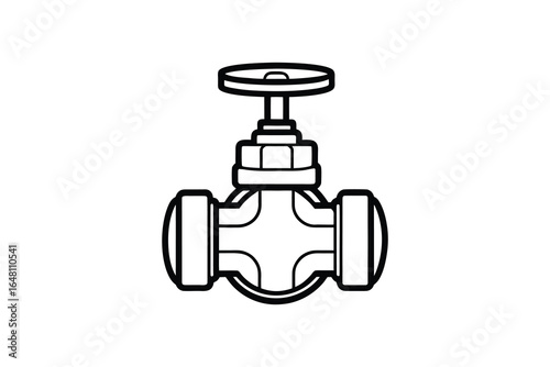 A black and white line drawing of a valve with a round handle silhouette