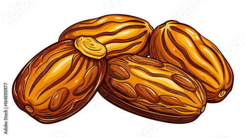 A set of semi-dry dates, or date palm fruits, rests in warm golden-brown tones, isolated on a pure white background, each detail highlighted with natural texture and subtle light.