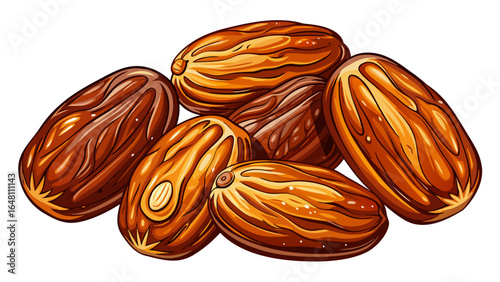 A set of semi-dry dates, or date palm fruits, rests in warm golden-brown tones, isolated on a pure white background, each detail highlighted with natural texture and subtle light.