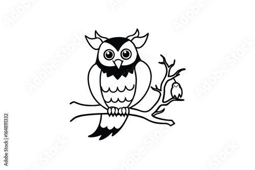 A cartoon owl sitting on a tree branch looking forward silhouette