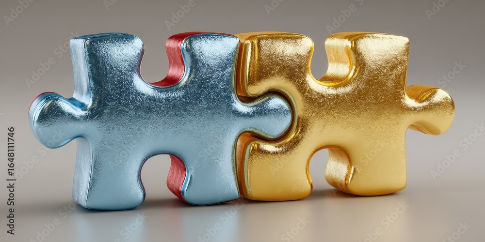Fototapeta premium Three puzzle pieces with gold and blue colors