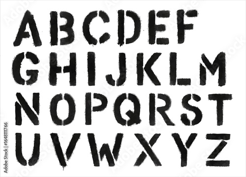 Black spray-painted stencil alphabet letters on white background, bold military style, graffiti street art typography design.