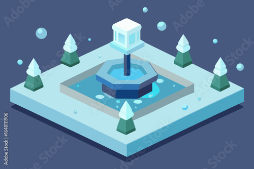 Vector isometric illustration of a winter landscape with a snow-covered castle and trees