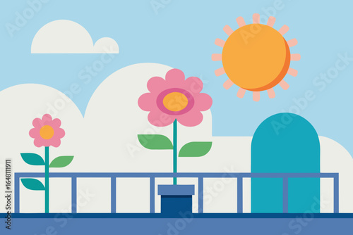 Blooming summer flowers decorate a rustic wooden fence in a vibrant garden landscape