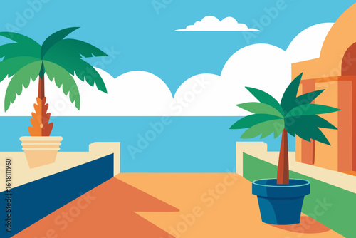 A beautiful tropical beach with a palm tree swaying in the sun and clear blue ocean water