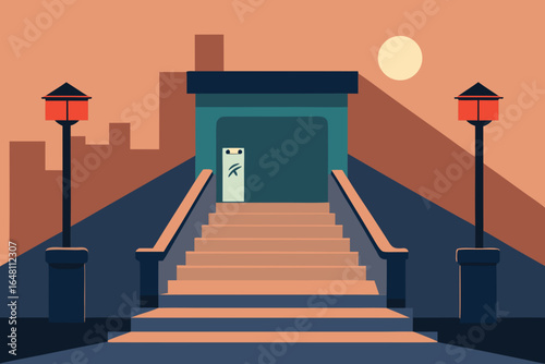 The grand red carpet staircase to the sky symbolizes a luxurious and successful upward journey