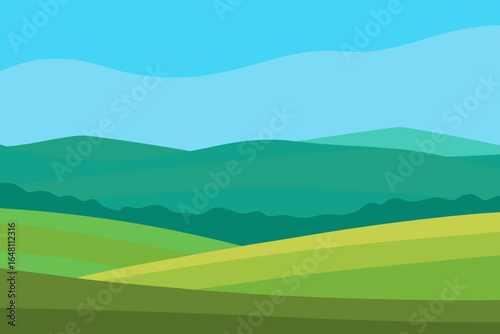 A cartoon vector illustration of a peaceful summer landscape with green hills, blue sky, and distant mountains under a warm sun