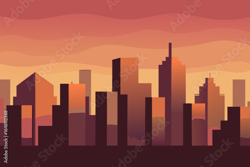 An urban vector illustration of a city skyline silhouette at sunset