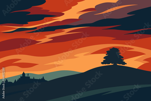 Vector illustration of a vibrant orange sunset over beautiful mountains, with clouds and a golden sky