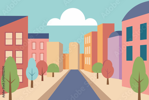 Vector art illustration of a a street in a small town with a house, building, and tree under the bright sky