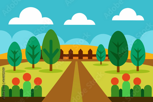 Vector cartoon illustration of an autumn landscape with colorful trees, a blue sky, and a winding road through a peaceful countryside scene