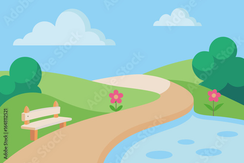 Children are playing on a green meadow with trees and hills under a summer sky