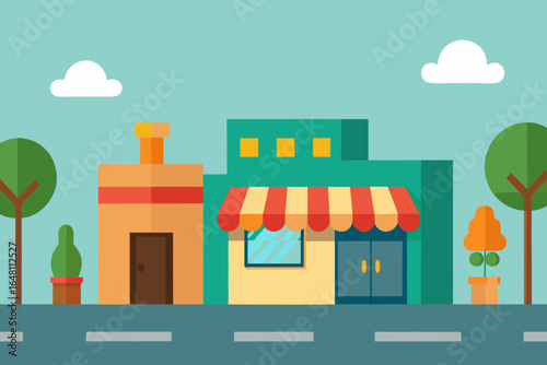 Vector illustration set of cartoon home and office buildings with interior furniture