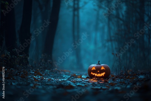 Spooky pumpkin in woods