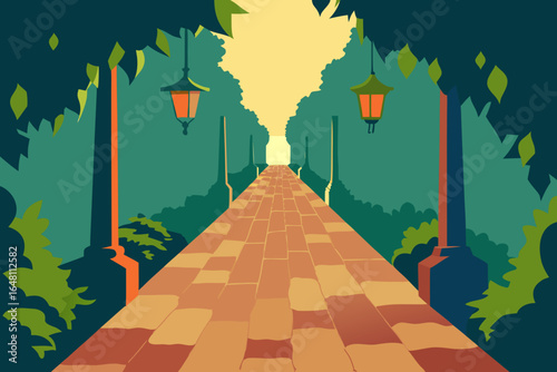 A green forest road winds through a sunny autumn landscape toward a distant city