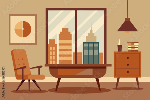 Vector illustration of a modern office interior with chairs and tables for a cafe or dining room style