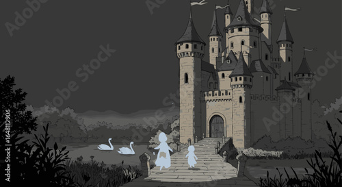 Fairytale Castle with Figures and Swans in a Dramatic Twilight Scene