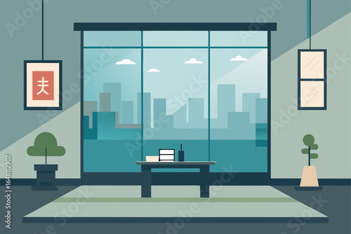 Modern office interior design featuring a spacious room with a glass window and a minimalistic table, creating an elegant and empty space
