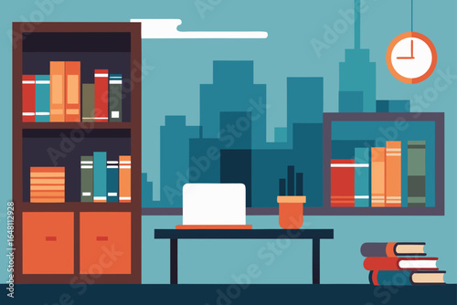 Vector illustration of a modern office interior with business furniture, a desk, and a bookshelf
