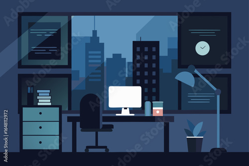 Vector illustration of a modern office building at night with interior desks and computers