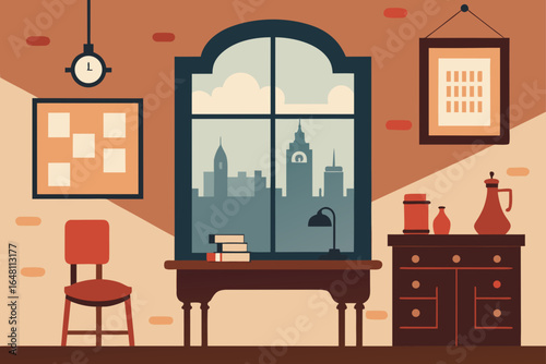 Vector illustration of a modern home interior with stylish furniture, a comfortable living room with a fireplace, and a light-filled kitchen